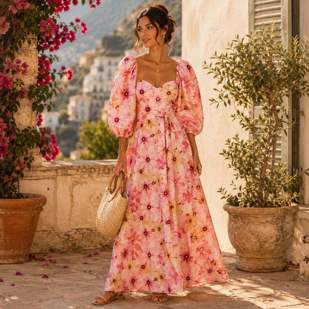 Sundress Emilia Riviera Linen Floral Maxi Dress Pink Puff Sleeve XS/S